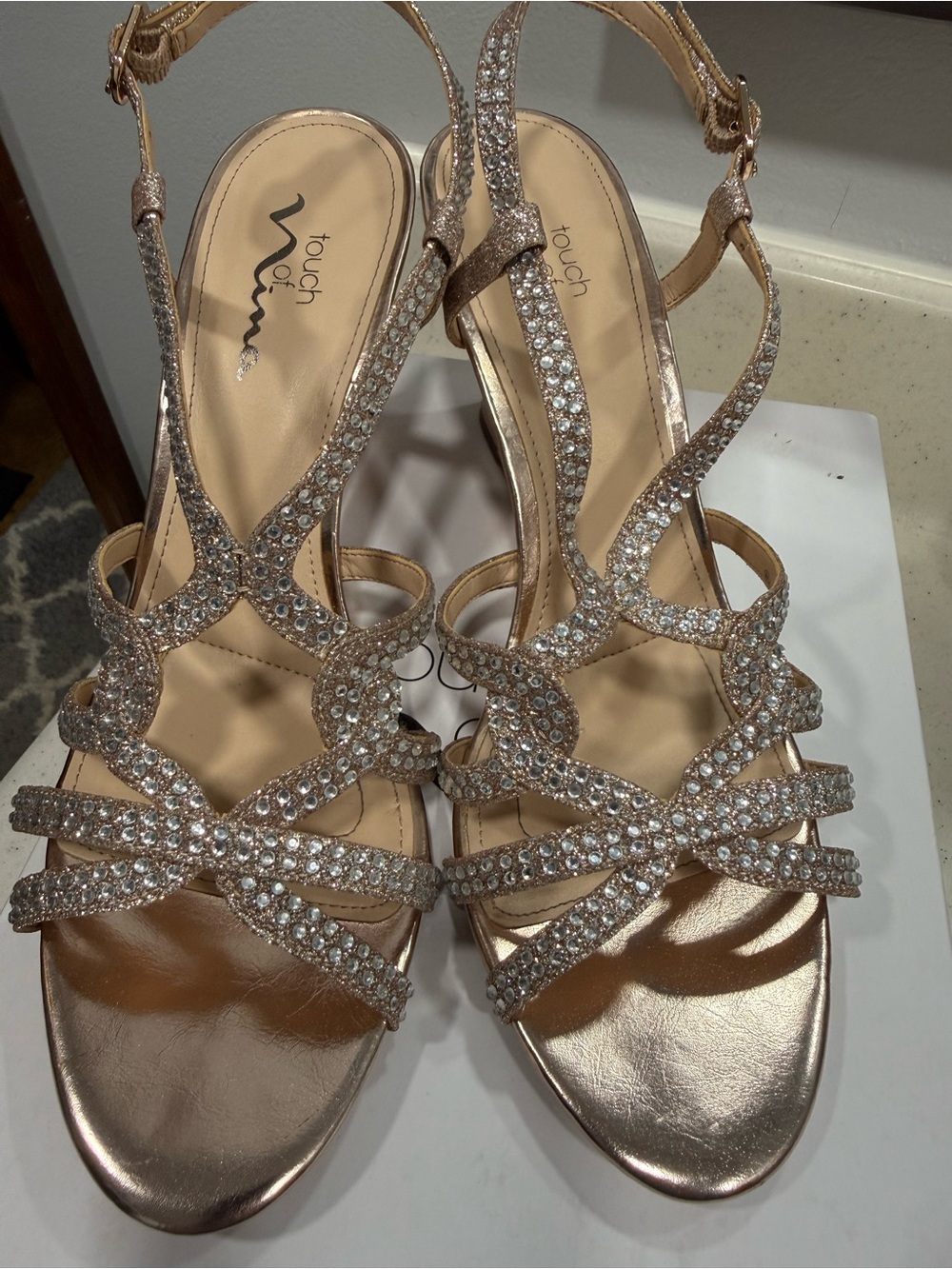 Touch of Nina Rose Gold Crystal Strappy Heels